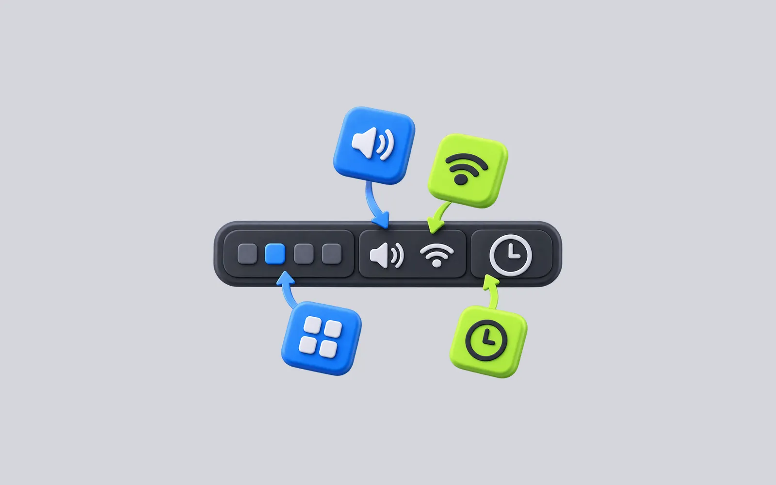 An illustrated desktop bar with movable widget tiles and three layout sections