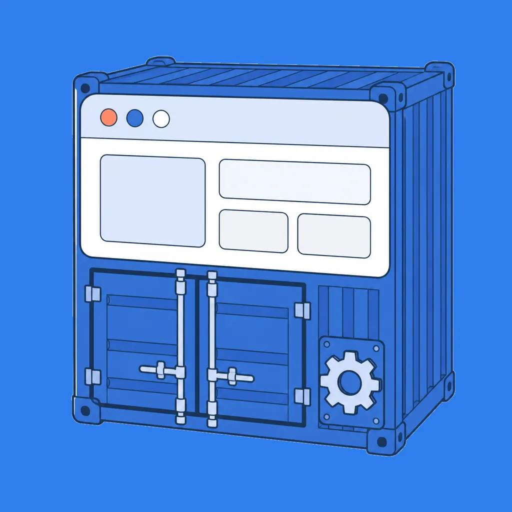 A browser-based container lab with a gear and technical panels