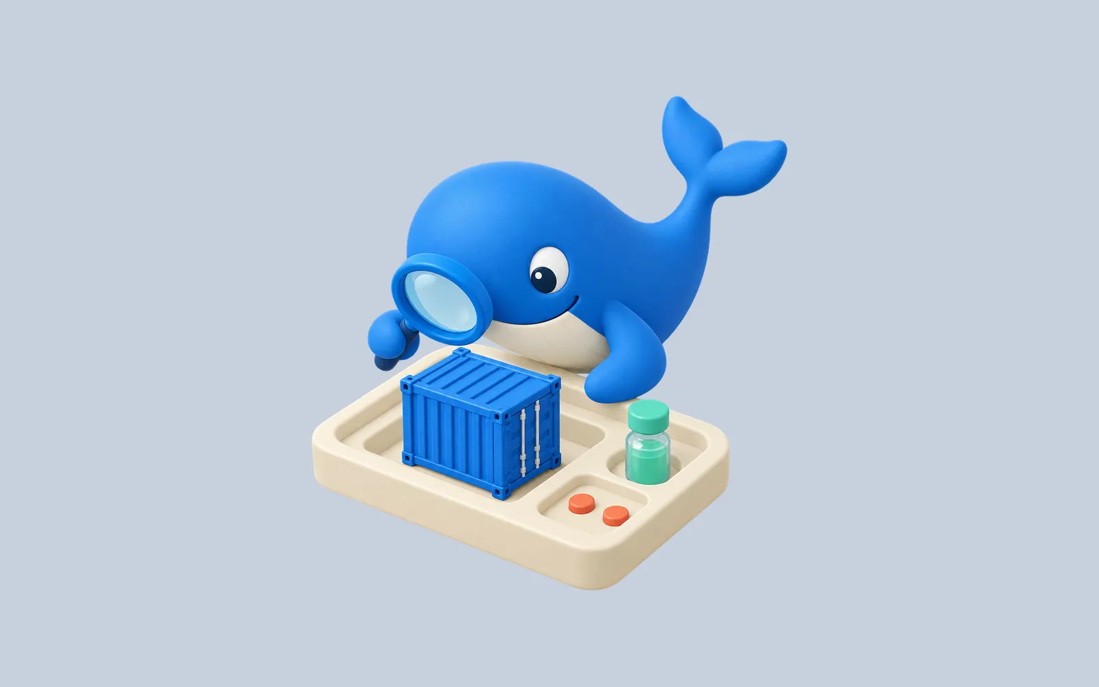 Docker's Moby inspecting a blue container on a lab tray