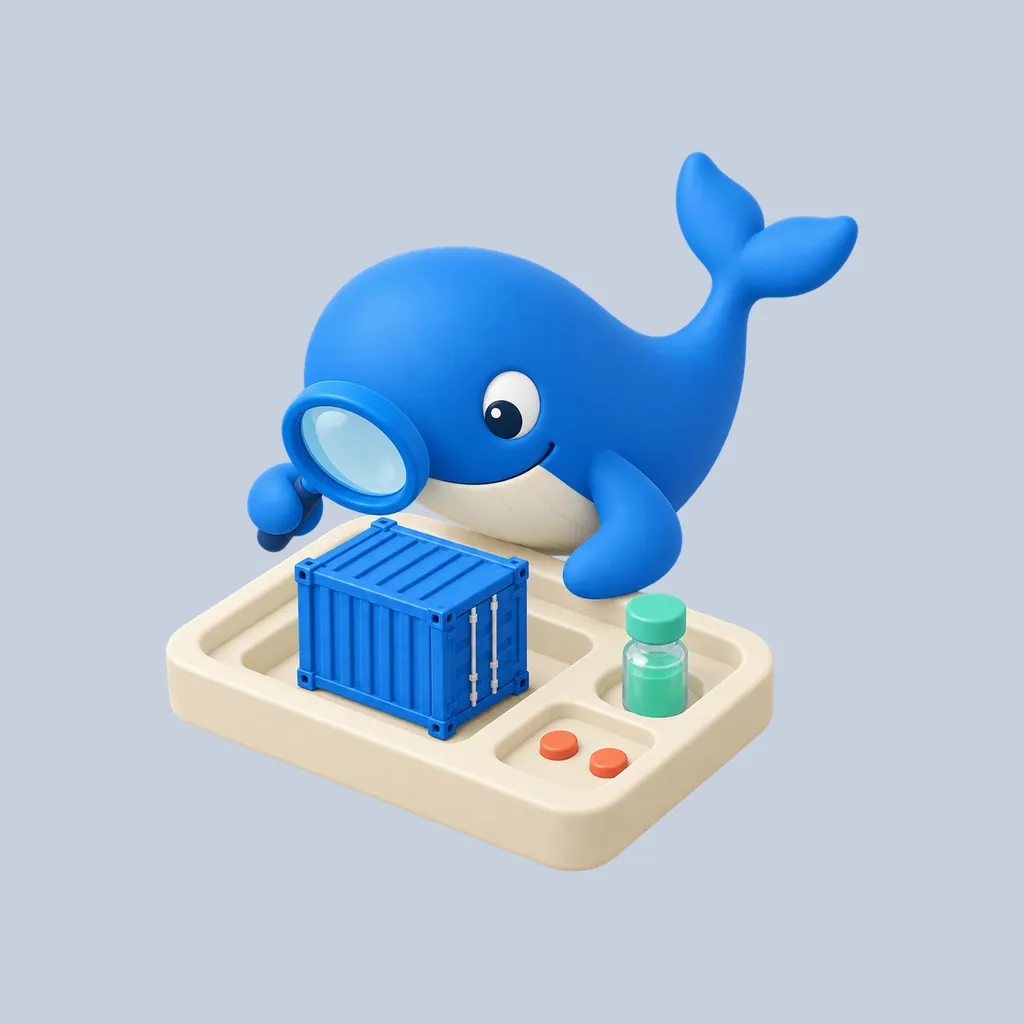 Docker's Moby inspecting a blue container on a lab tray