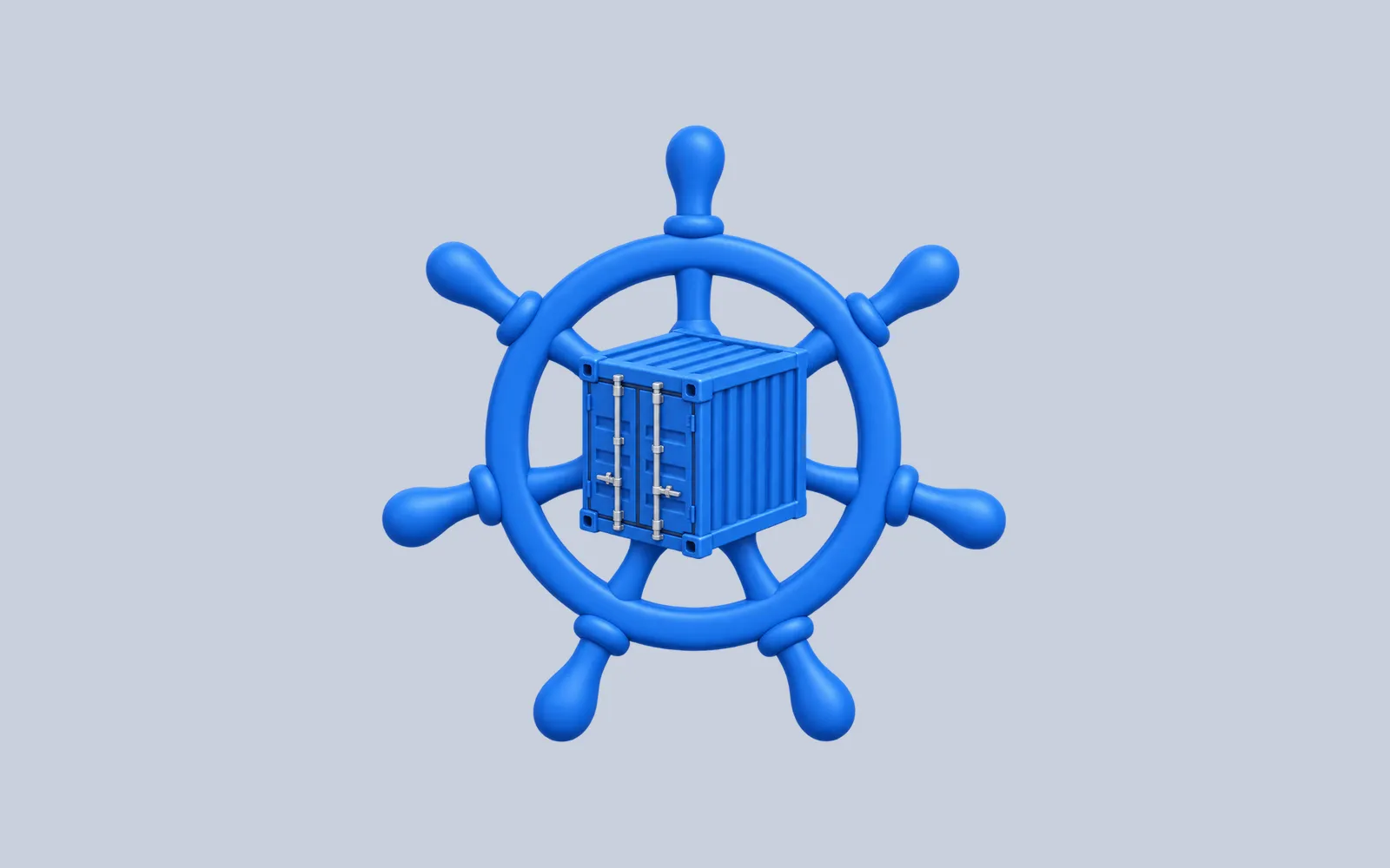 A blue shipping container framed by a blue seven-spoke Kubernetes helm