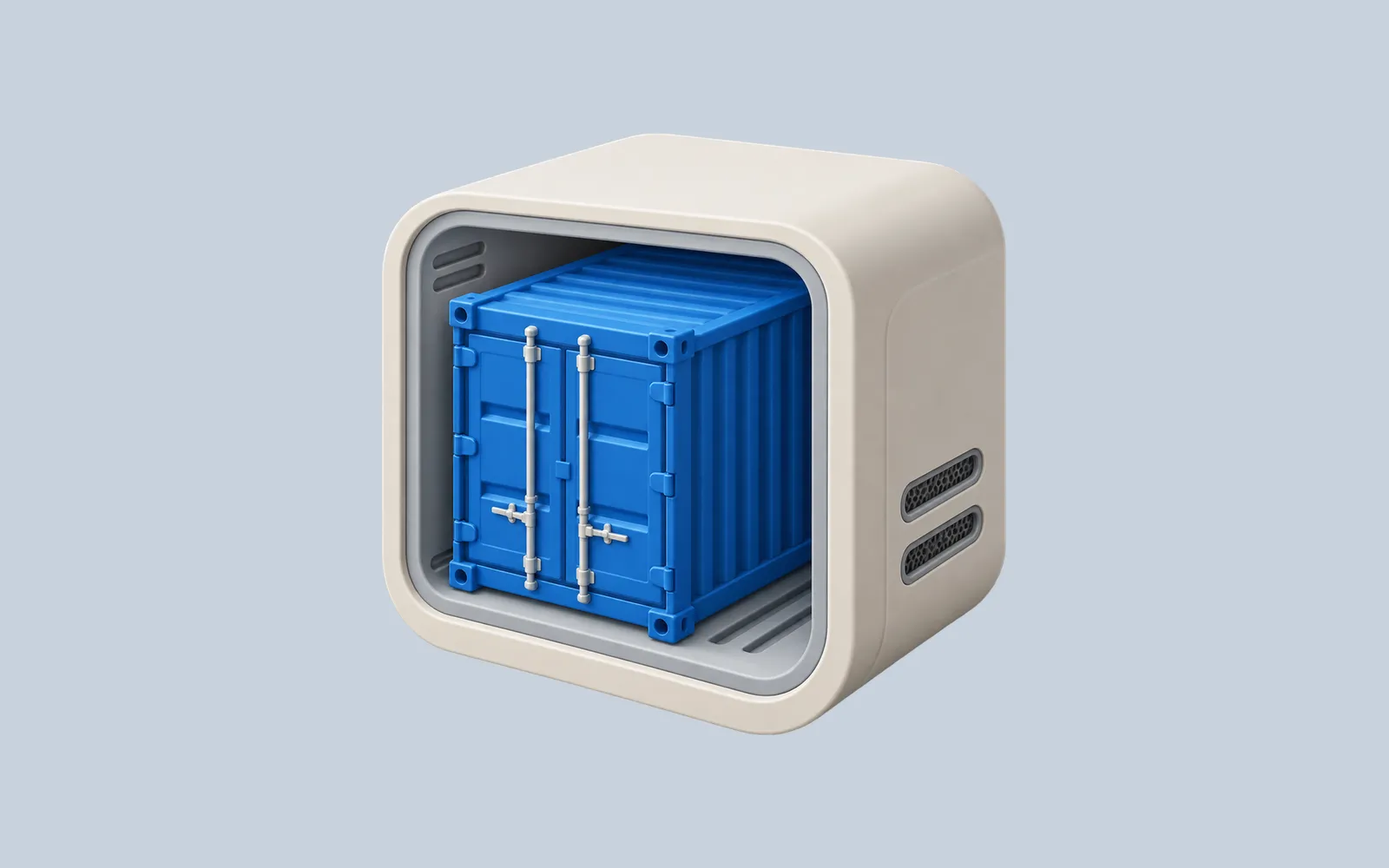 A blue shipping container nested inside a softly modeled server enclosure