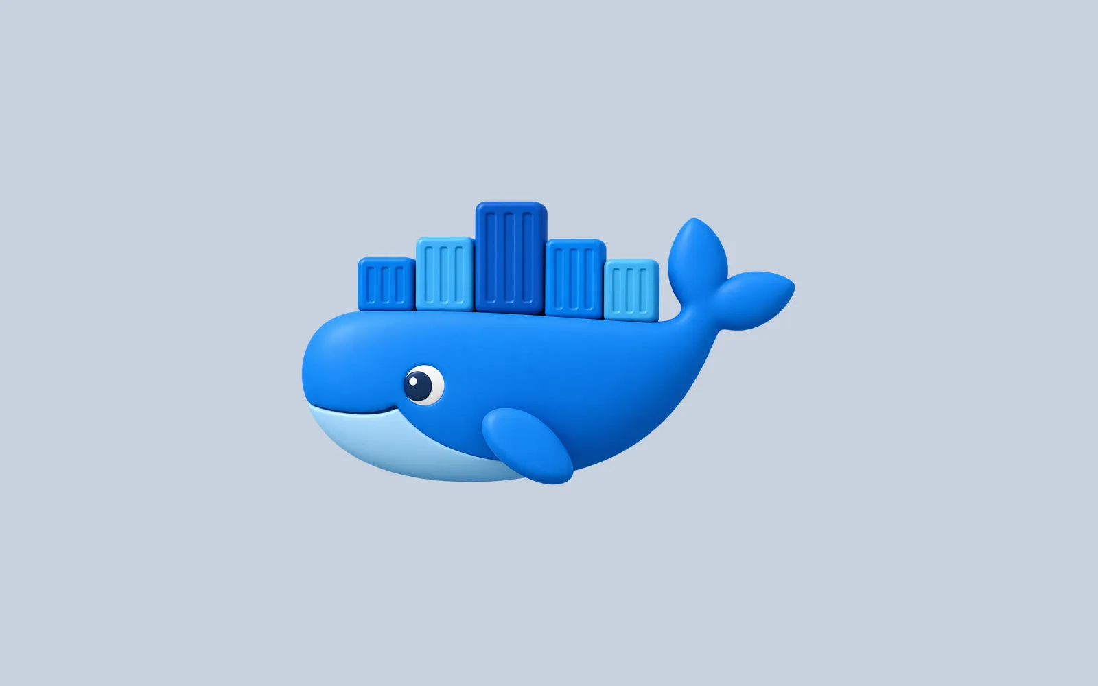 A softly modeled blue Docker whale carrying upright blue shipping containers