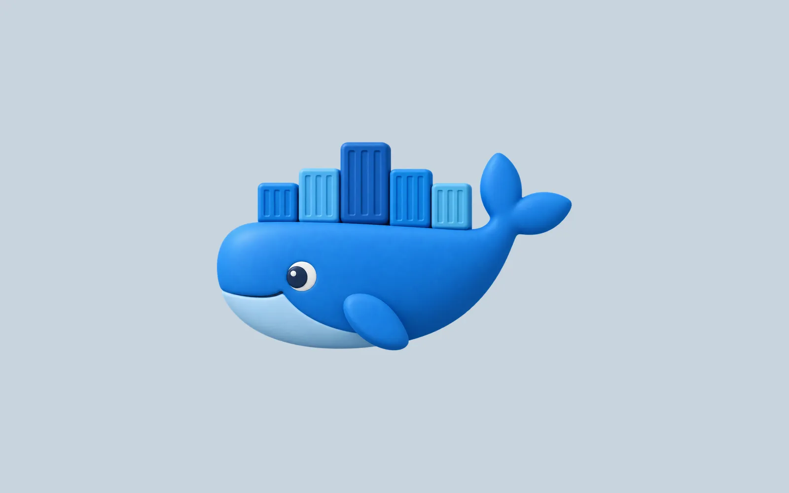 A blue Docker whale carrying rounded shipping containers