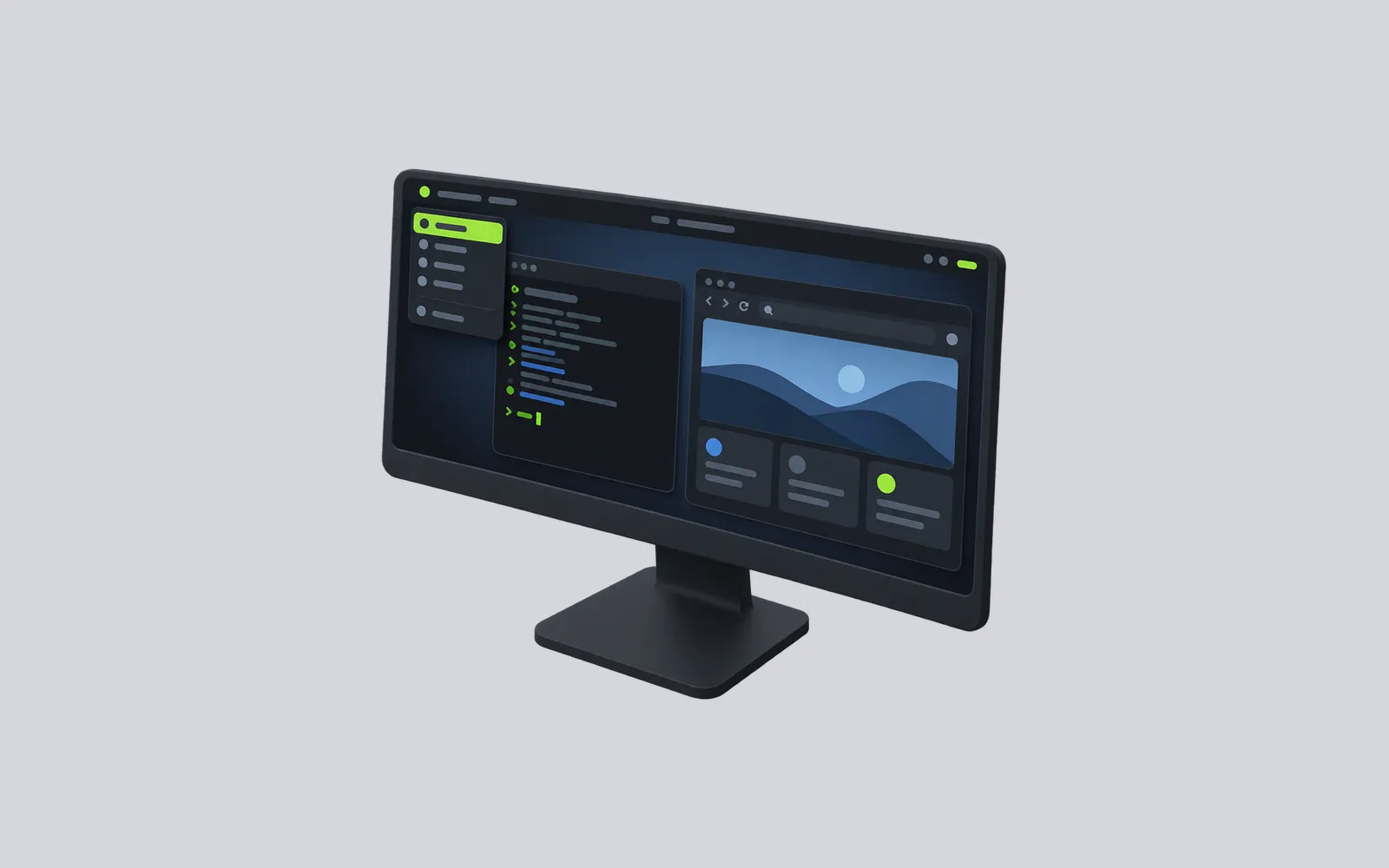 An illustrated Omarchy desktop with a menu, terminal, browser, and a short sequence of setup markers