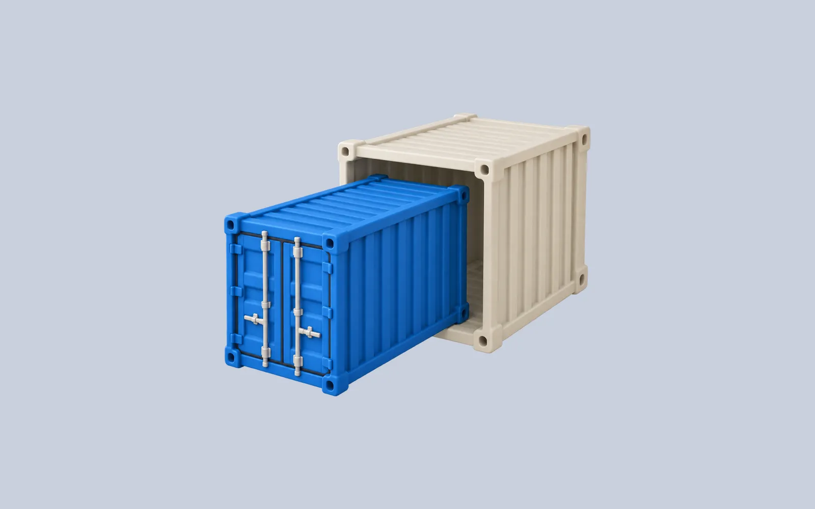 A blue shipping container emerging from a matching container-shaped mold