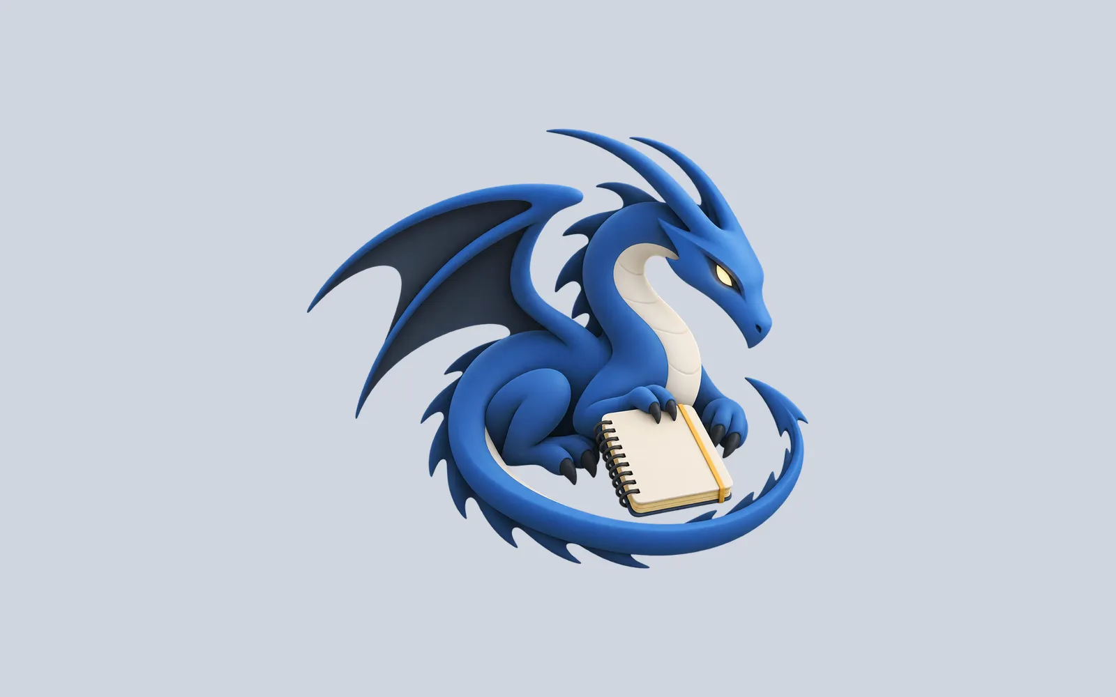 A blue dragon sits beside a small blank notebook