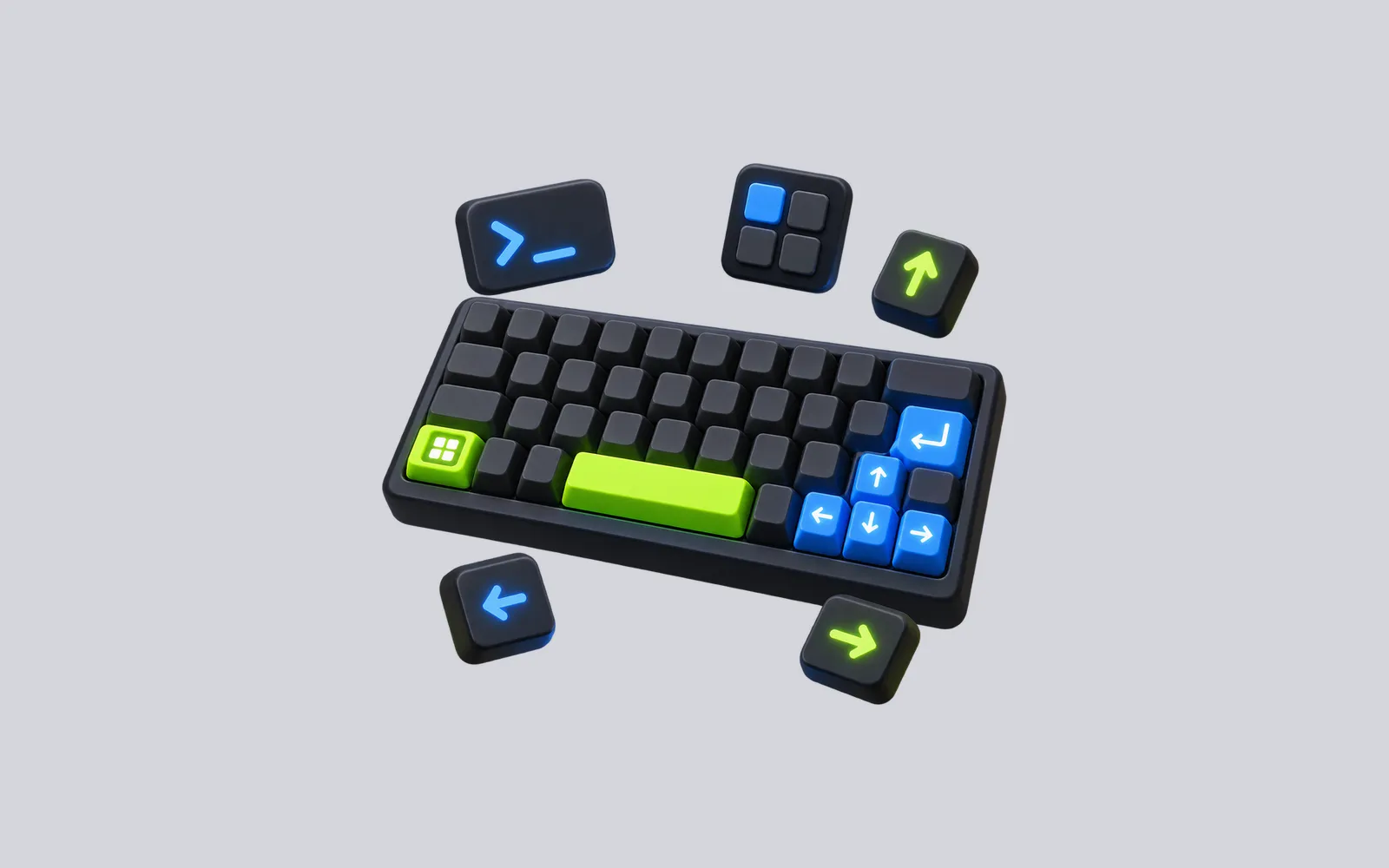 An illustrated keyboard with highlighted Super, arrow, and shortcut keys