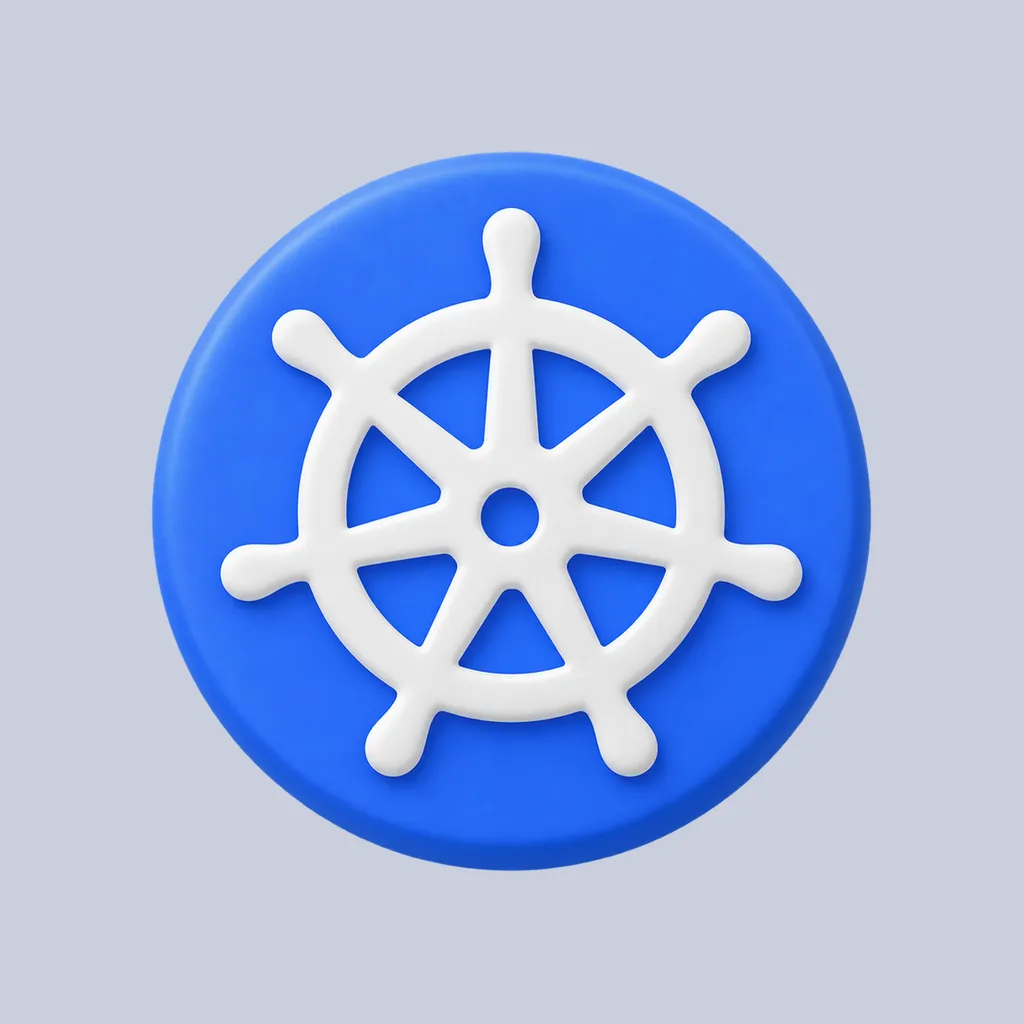 A soft 3D blue Kubernetes wheel emblem