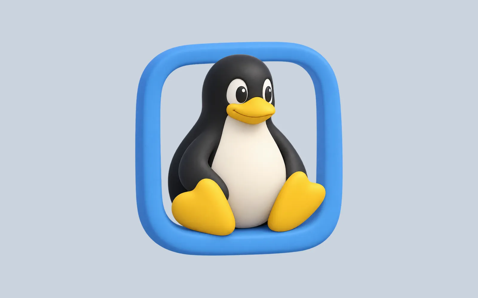 A softly modeled Linux penguin inside a simple rounded blue window frame
