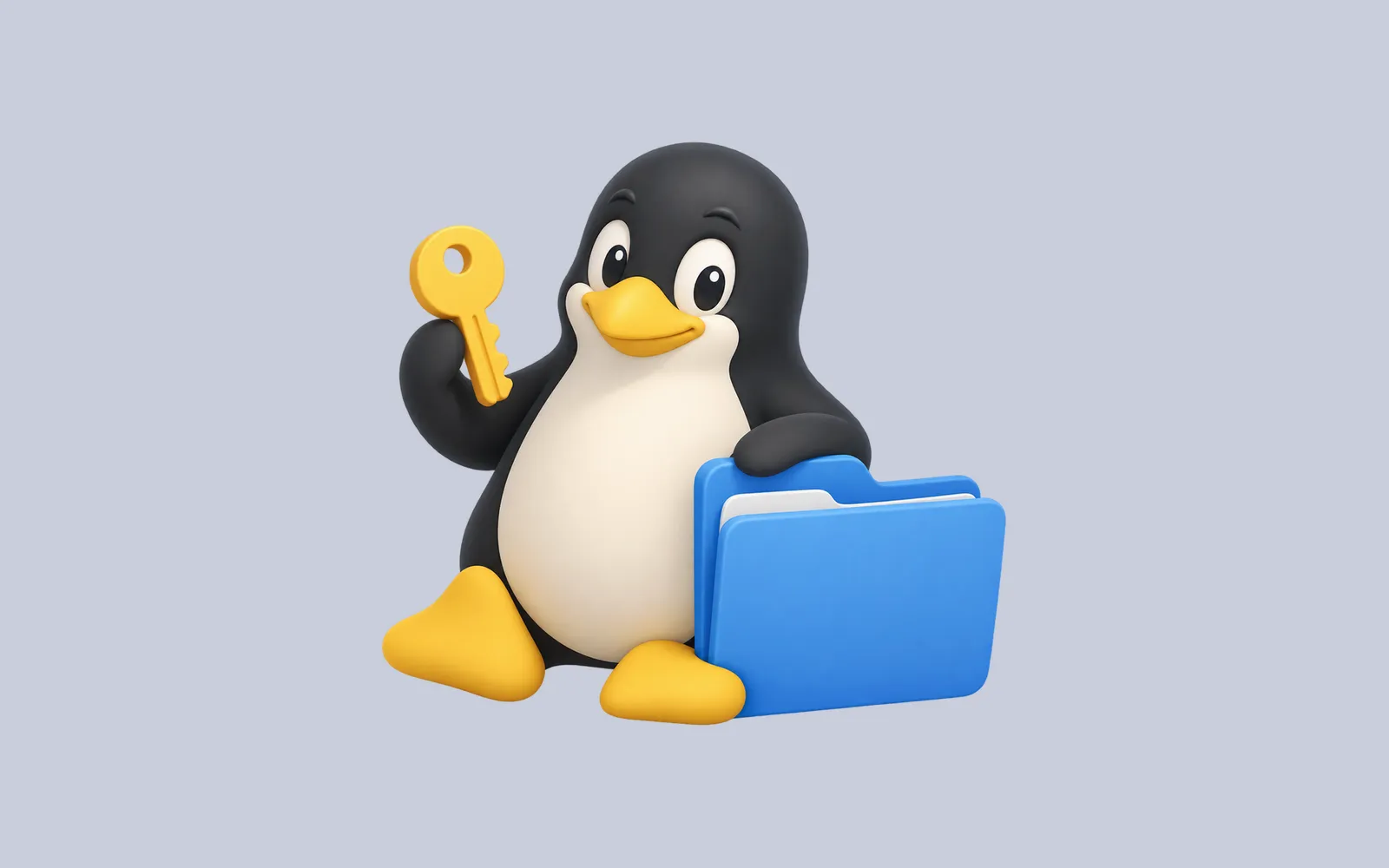 A softly modeled Linux penguin holding a small key beside a blue folder