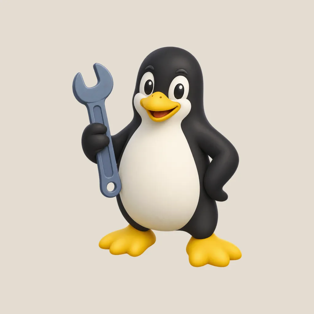 A soft 3D Tux penguin holding a blue-gray wrench on a warm neutral background