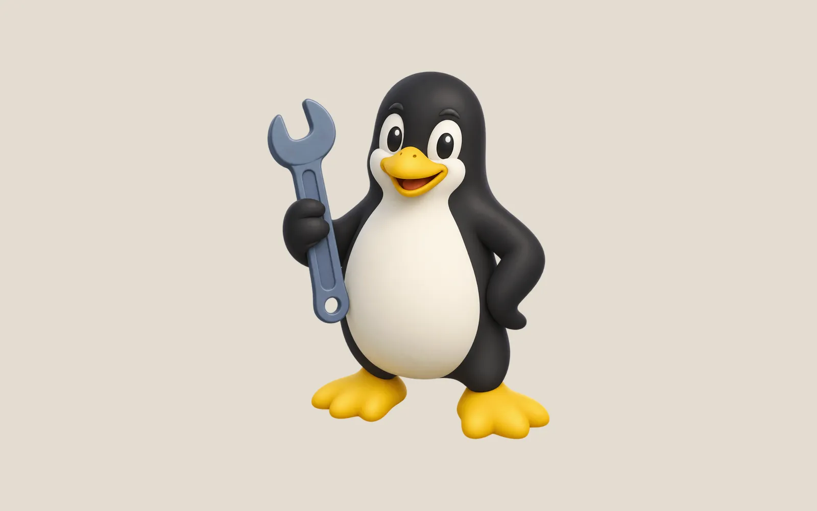 A soft 3D Tux penguin holding a blue-gray wrench on a warm neutral background