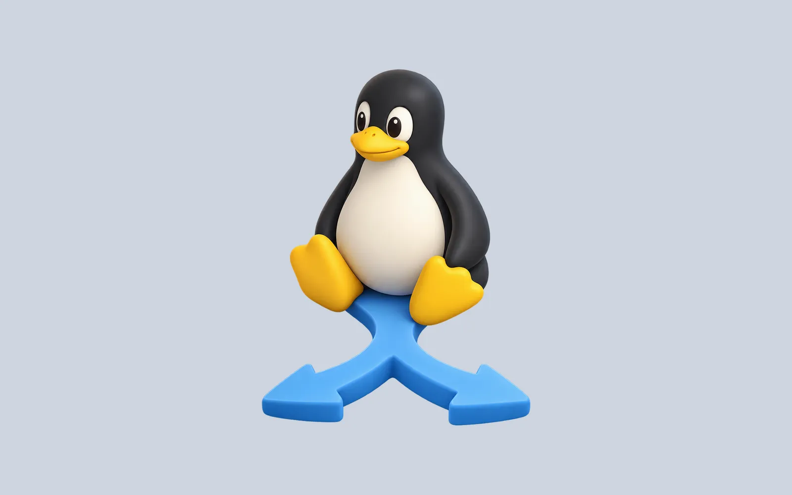 A softly modeled Linux penguin above a short path branching in two directions