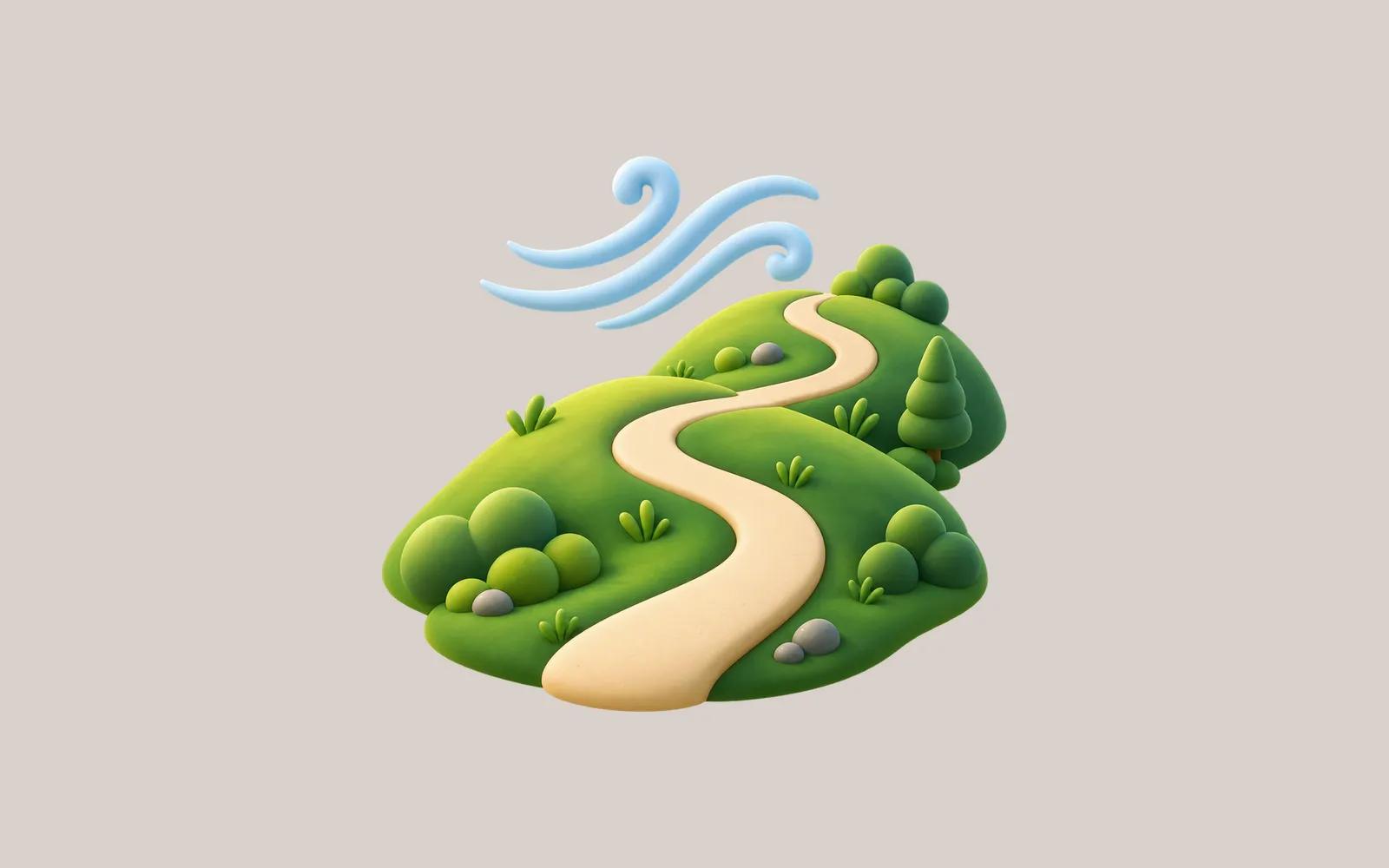 A winding path crossing rounded green hills beneath three blue wind trails