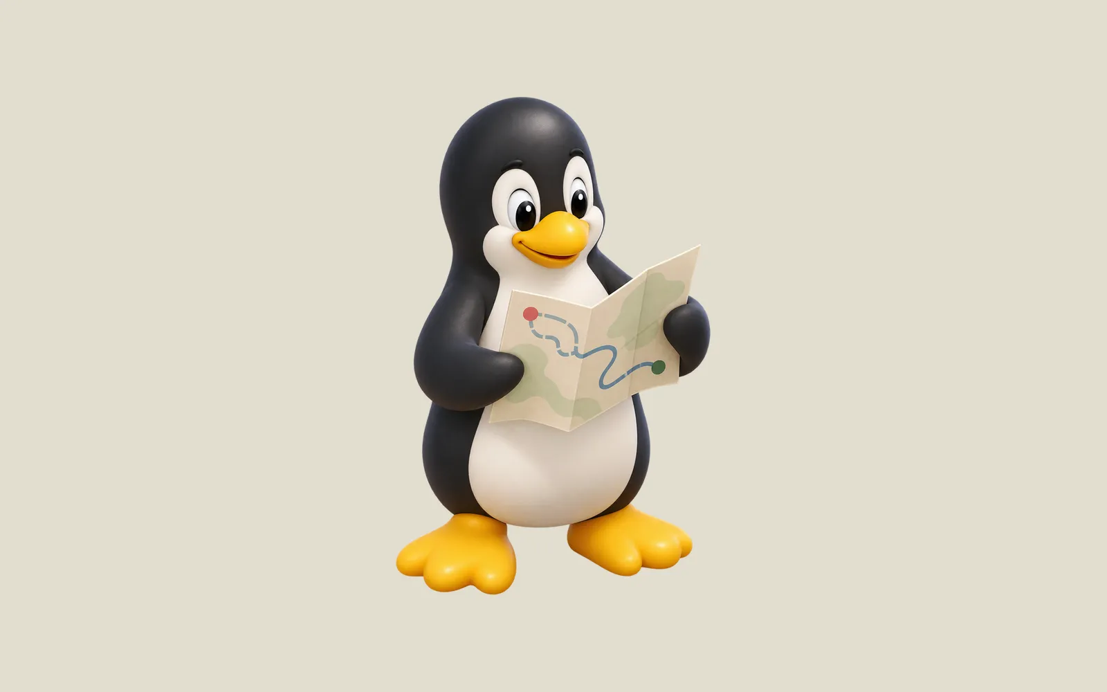A softly modeled Tux penguin holding an unfolded route map