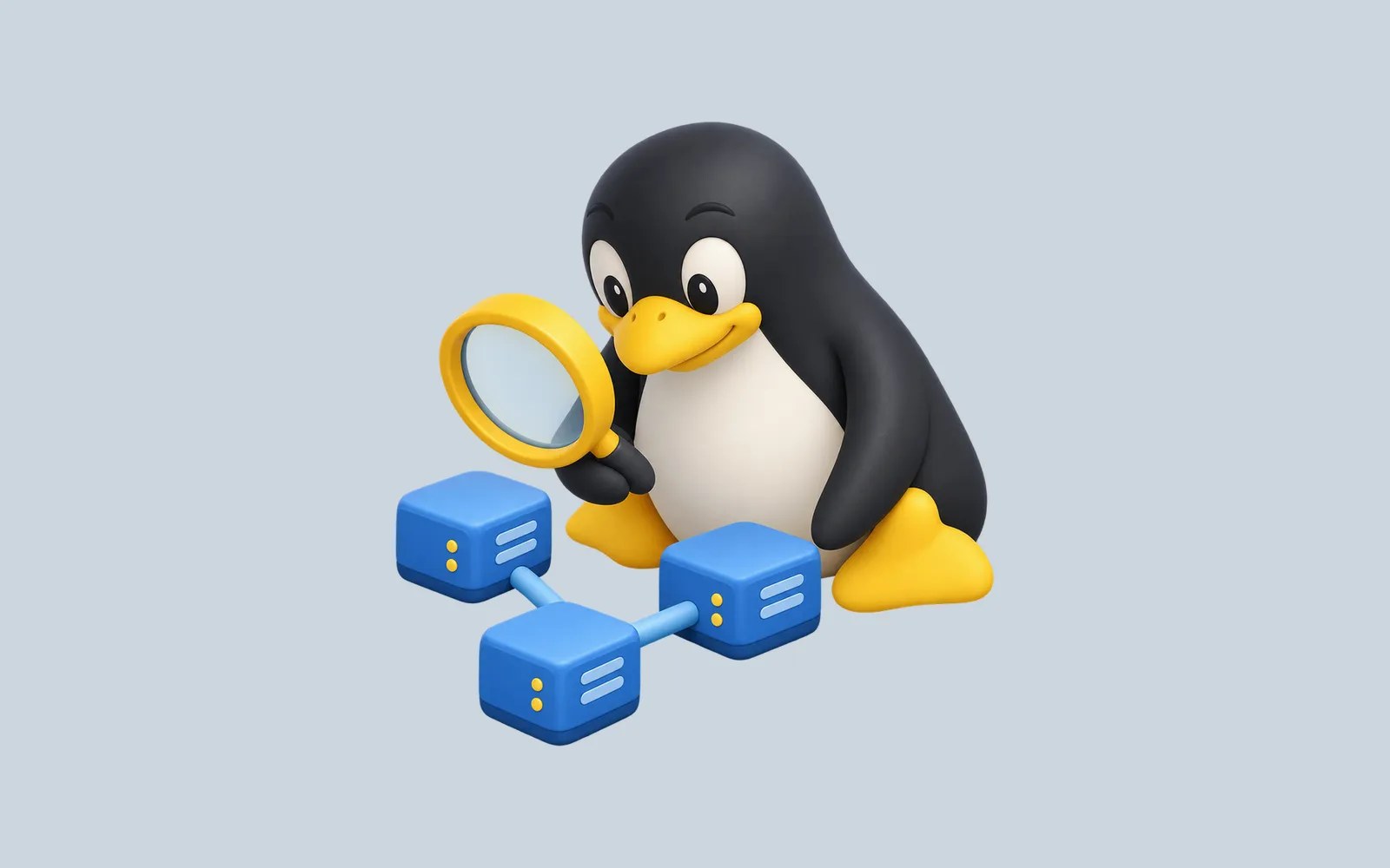 Tux inspects a short chain of three blue network nodes with a magnifying glass