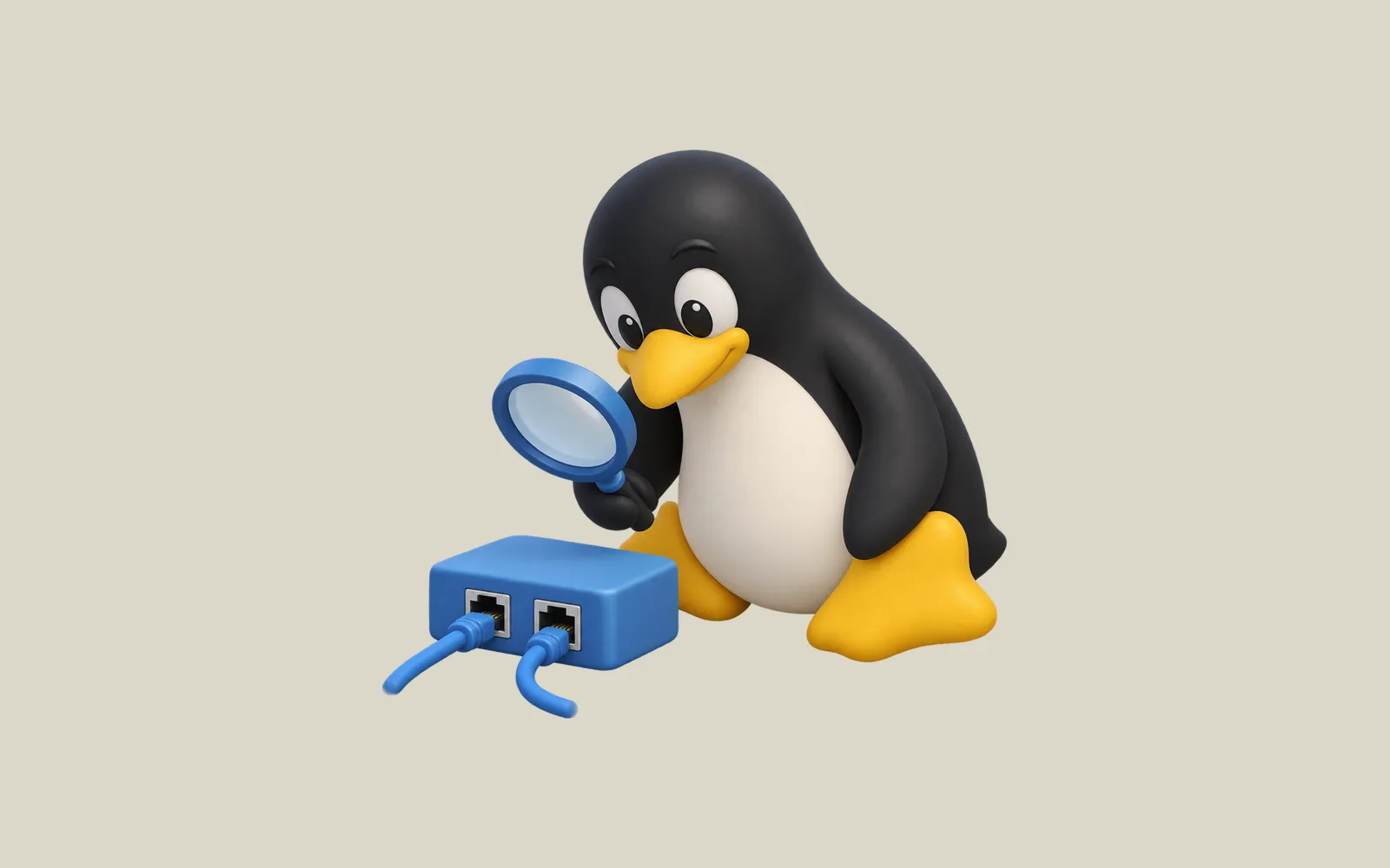 Tux examines a small blue network node through a magnifying glass