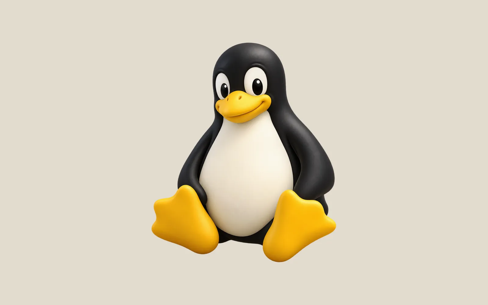 A softly rounded Tux penguin with a cream belly, charcoal flippers, and yellow feet