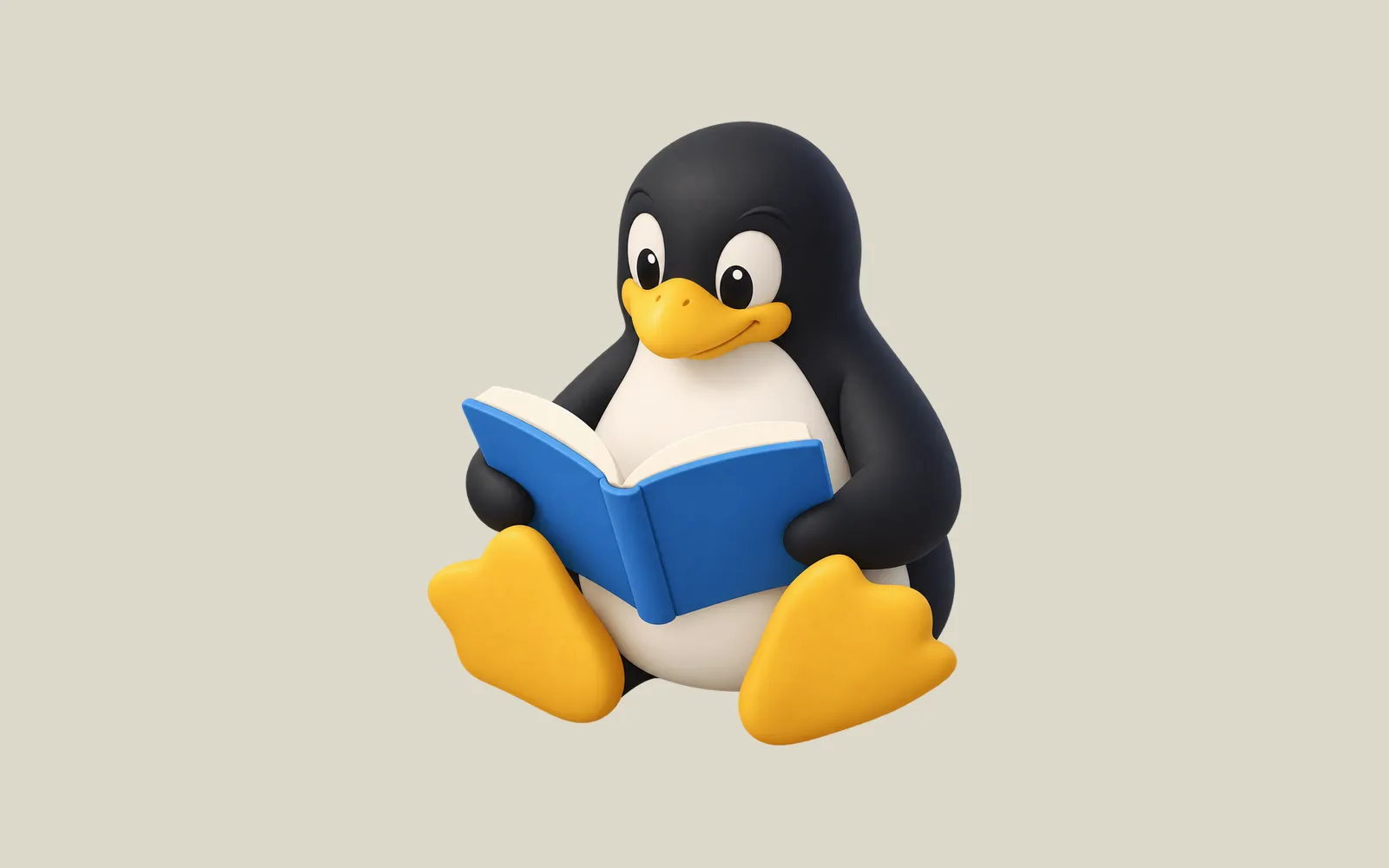 A softly modeled Linux penguin reading an open blue book
