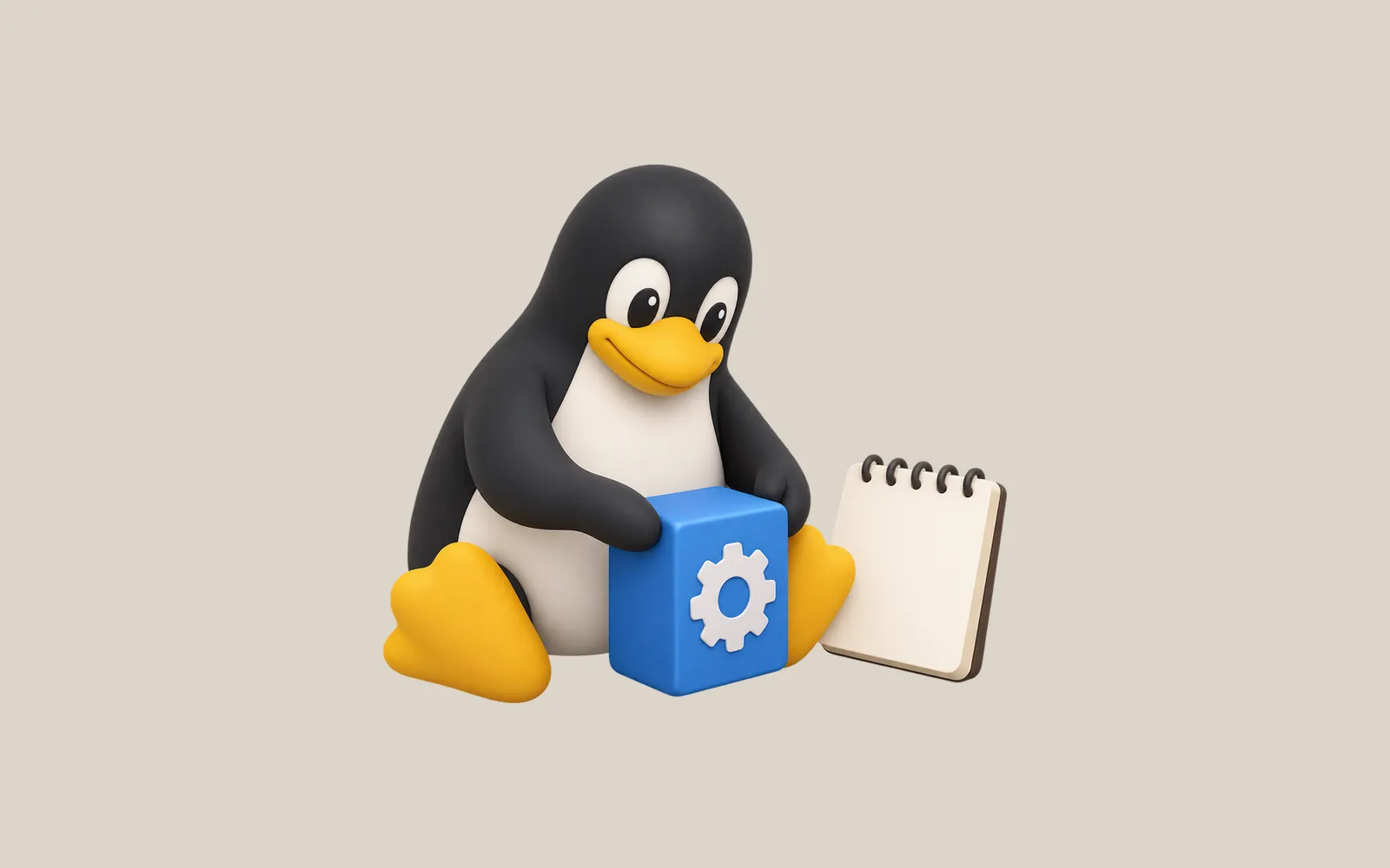 A softly modeled Linux penguin arranging a blue service module beside a small notebook