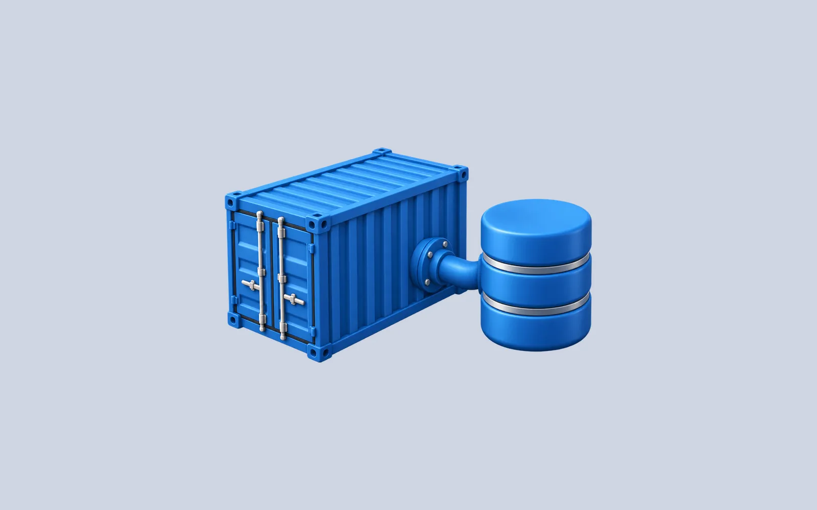 A blue shipping container connected to a separate rounded storage cylinder