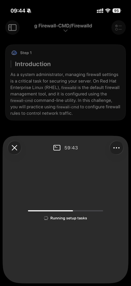 The LabEx iPhone app showing a lab step while its remote VM prepares the terminal session