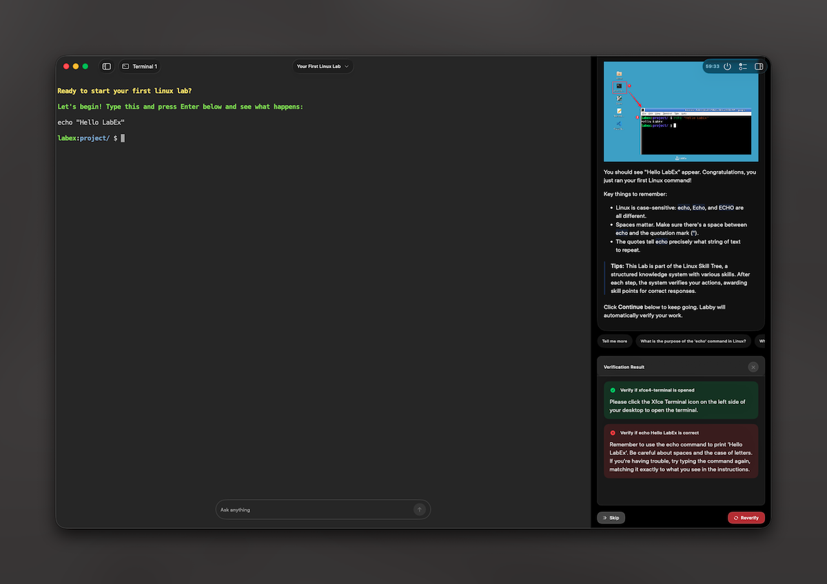 The LabEx macOS app with an embedded Linux terminal, lab instructions, assistant, and verification panel