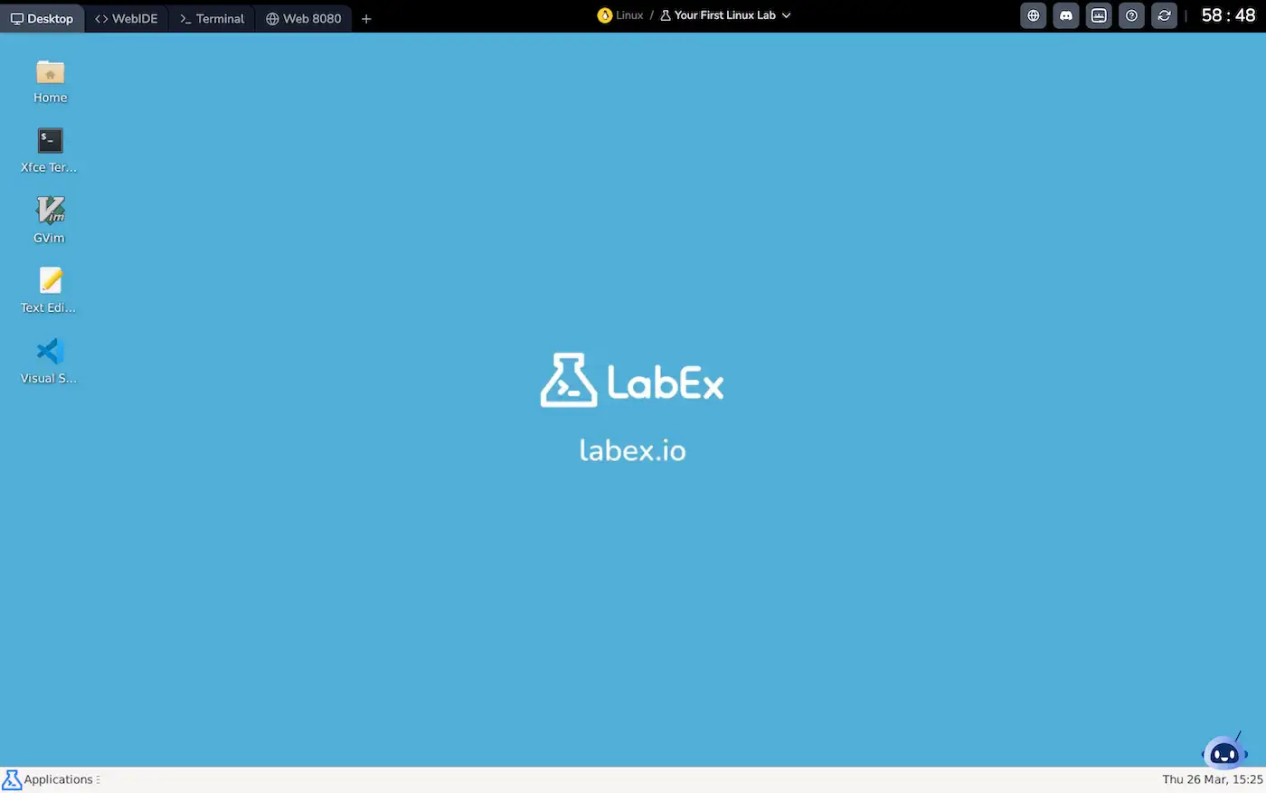 The LabEx Linux environment with Desktop, WebIDE, Terminal, and Web 8080 tabs