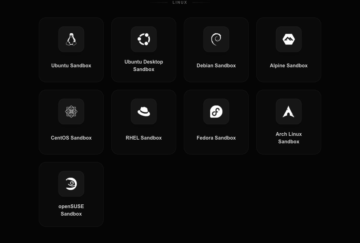 The LabEx Playgrounds catalog showing Ubuntu, Debian, Alpine, CentOS, RHEL, Fedora, Arch Linux, and openSUSE sandboxes
