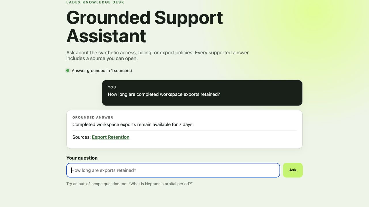 A grounded support assistant answering an export-retention question and linking the source used for its answer