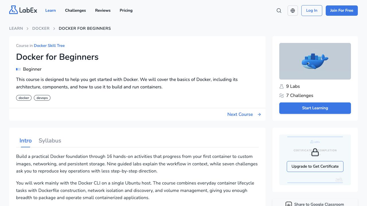 The public LabEx Docker for Beginners overview displays the course introduction and learning entry