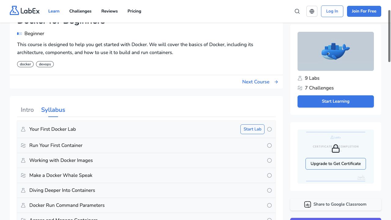 The Docker course syllabus shows guided labs and challenges in their learning sequence