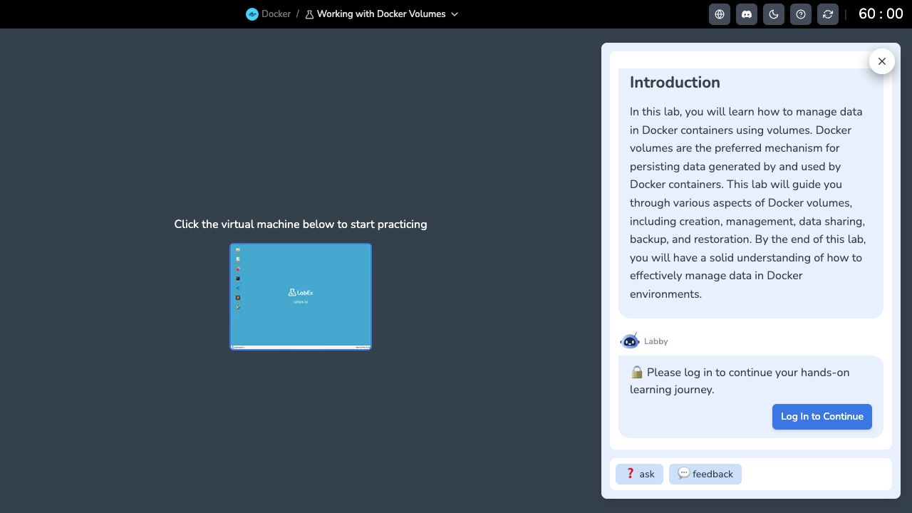 The signed-out Docker volumes lab entry shows instructions and a Log In to Continue control