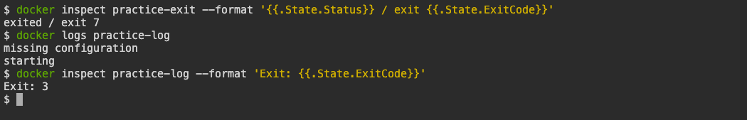 Docker inspection reports exit codes 7 and 3, and logs include starting and missing configuration
