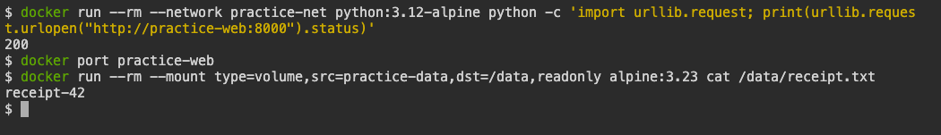 The VM terminal shows HTTP 200 through a container name, no published-port output, and receipt-42 read from a volume