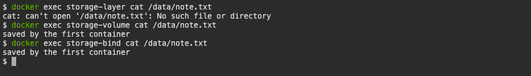 After recreation, the writable-layer note is missing while the named-volume and bind-mounted notes are still readable