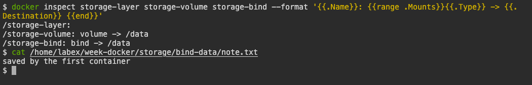 A LabEx terminal lists no mount for storage-layer, a volume for storage-volume, and a bind mount for storage-bind