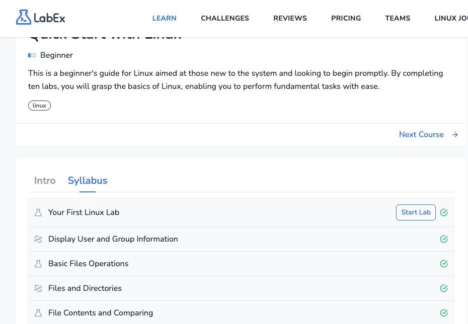 The LabEx Quick Start with Linux syllabus mixing guided labs and challenge activities