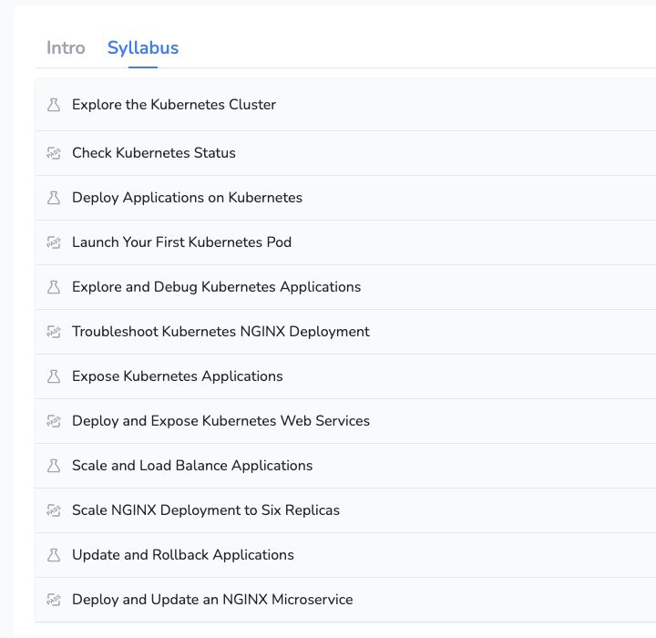The Kubernetes for Beginners syllabus progressing from cluster exploration to application updates and rollbacks