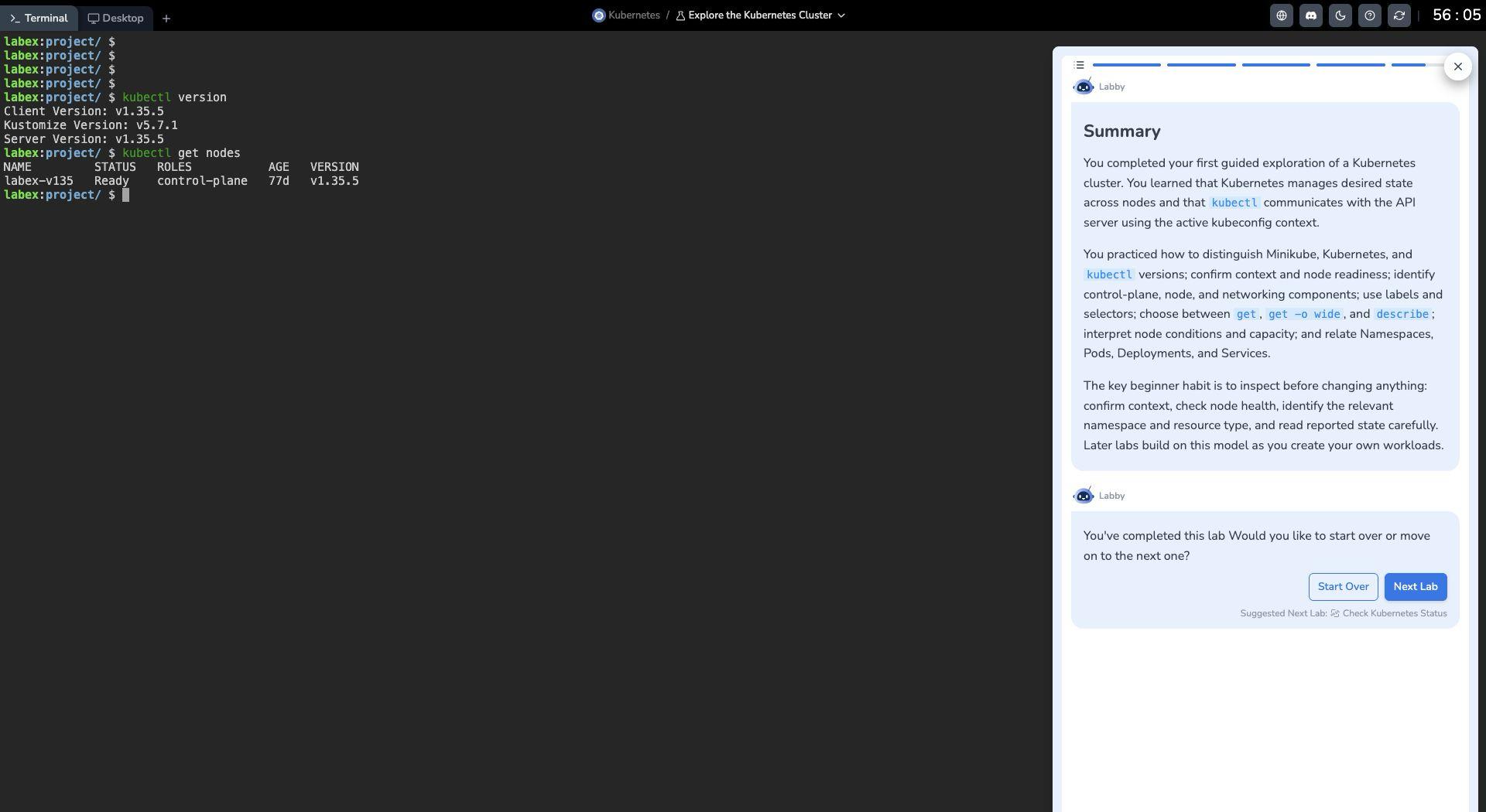 A LabEx terminal showing Kubernetes client and server v1.35.5 and a Ready control-plane node, with the lab summary beside it