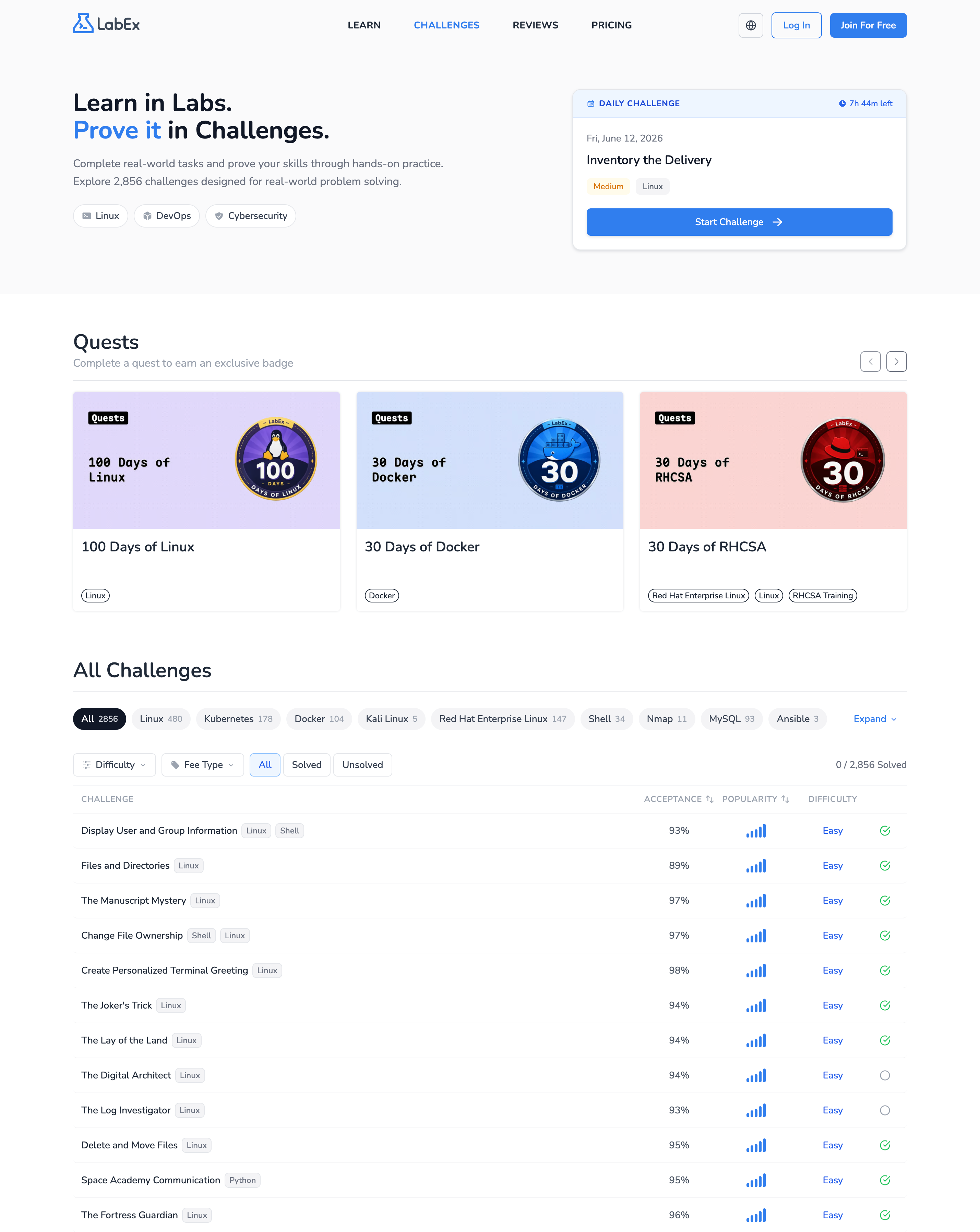 LabEx Challenges page
