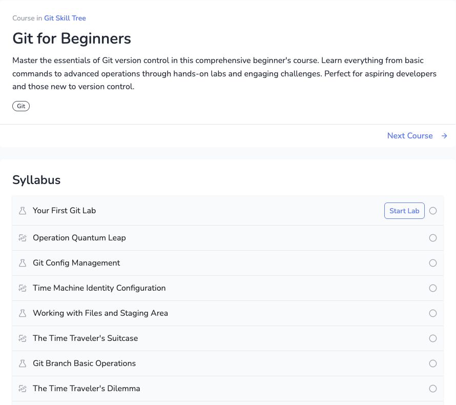 The public LabEx Git course page shows its title and syllabus entries for initial setup, staging, and branches