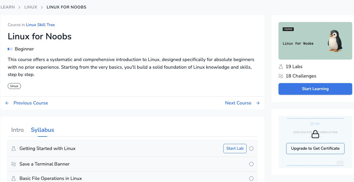 The public Linux for Noobs course page showing the Beginner level, 19 Labs, 18 Challenges, and the start of the syllabus