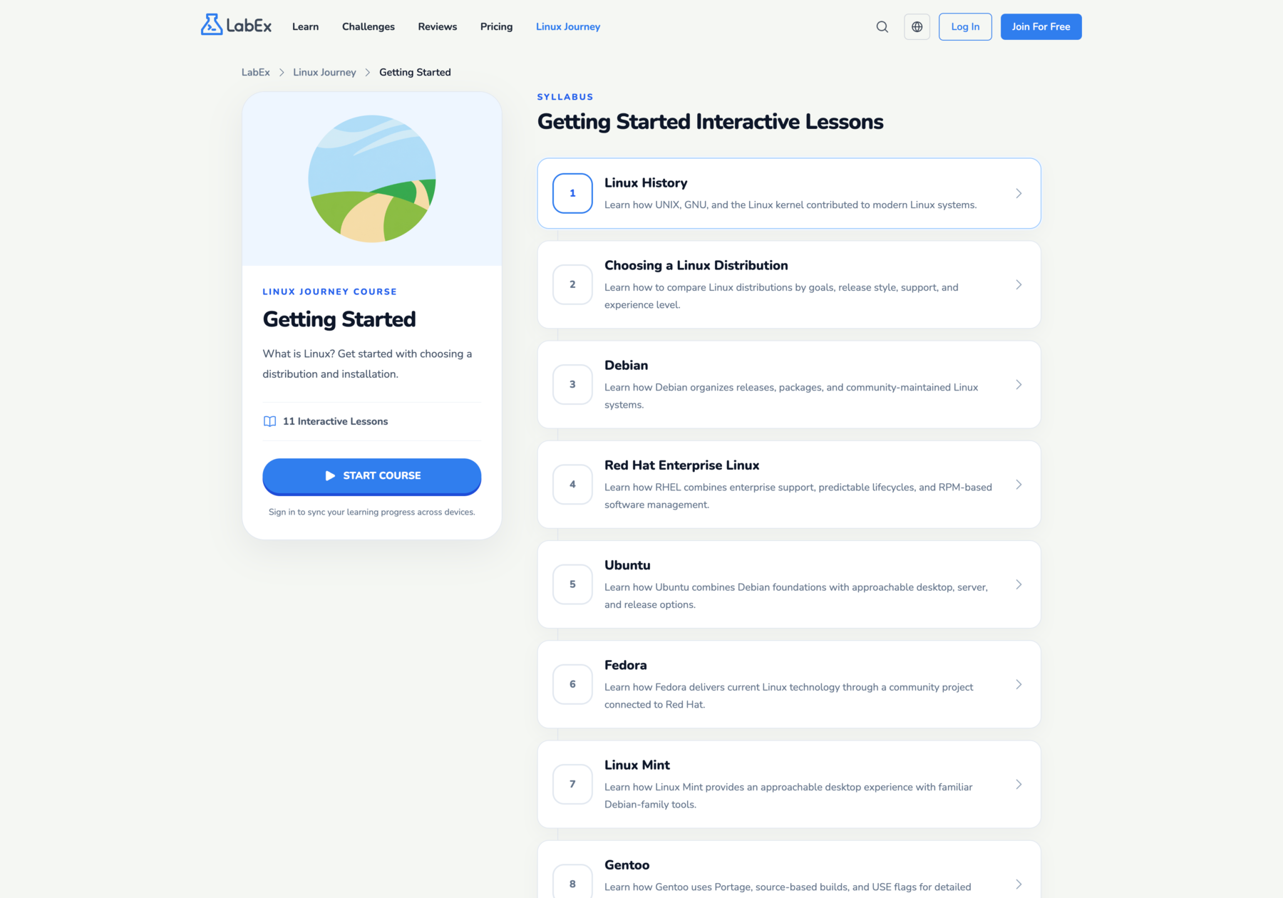 The redesigned Getting Started course page with an ordered interactive syllabus