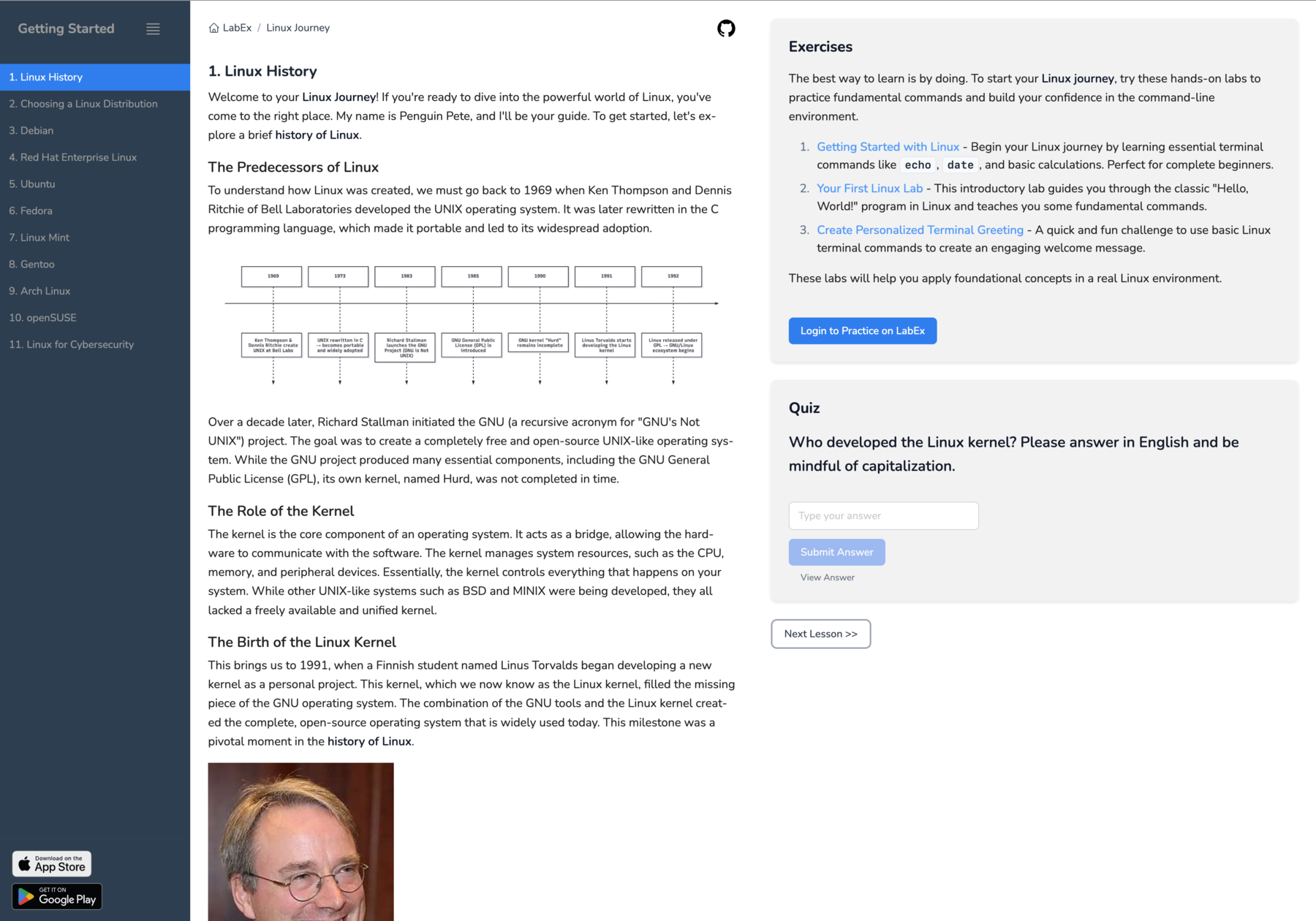 The previous Linux Journey lesson page with a sidebar, full article, exercises, and a quiz