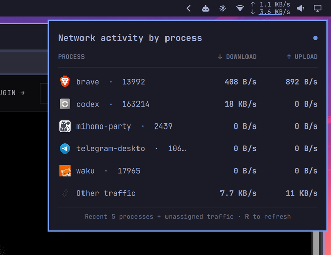 Network Throughput panel listing recent processes with download and upload rates plus Other traffic