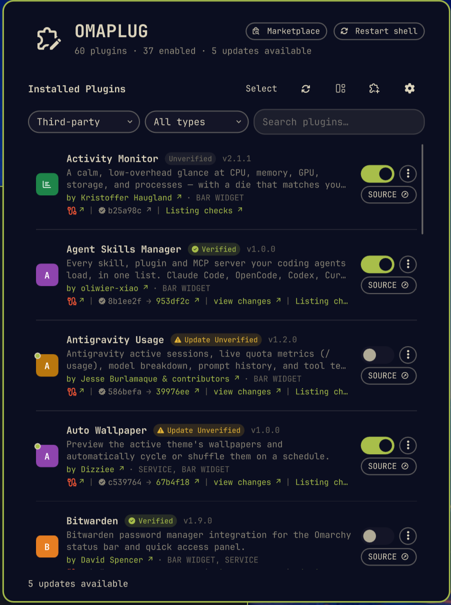 Omaplug panel listing installed plugins, their enabled switches, and update status