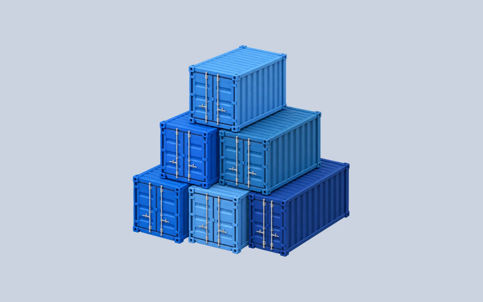 Six rounded blue shipping containers arranged as a compact stepped stack