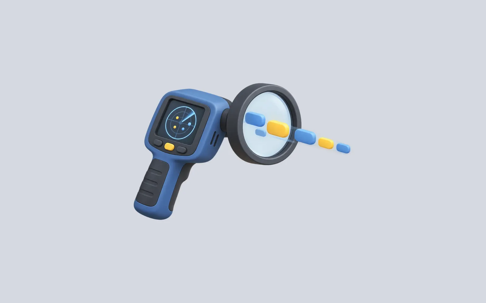 A handheld network scanner beside a magnifying lens and a short stream of packets